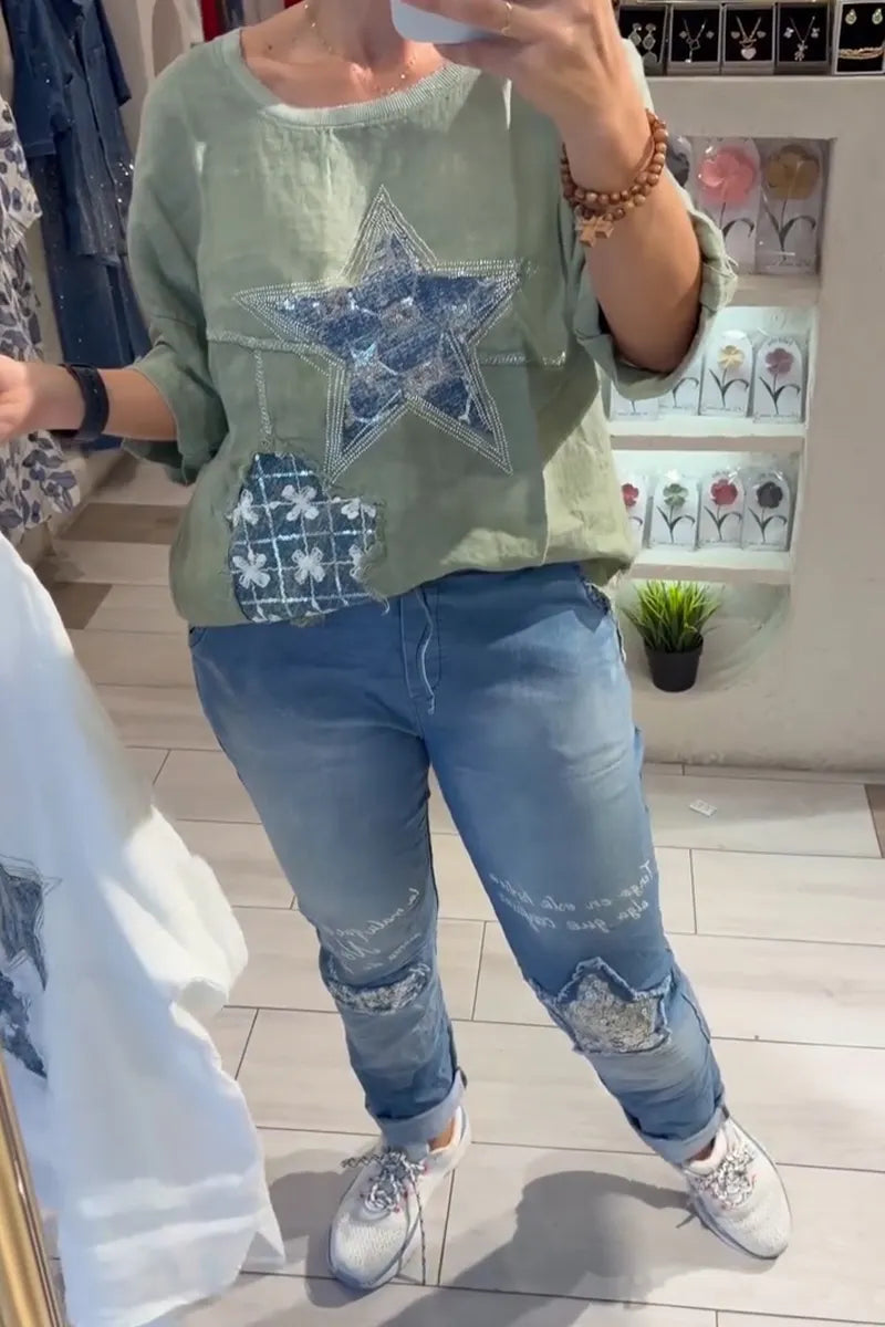 Women Round Neck Patchwork Printed or Sequined Washed Denim Jeans