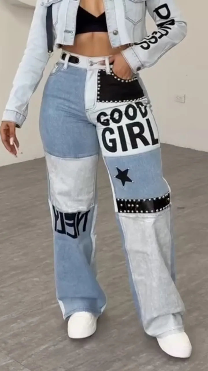 Women Laple Collar Nail Bead Patchwork Printed Letter Casual Denim Suit