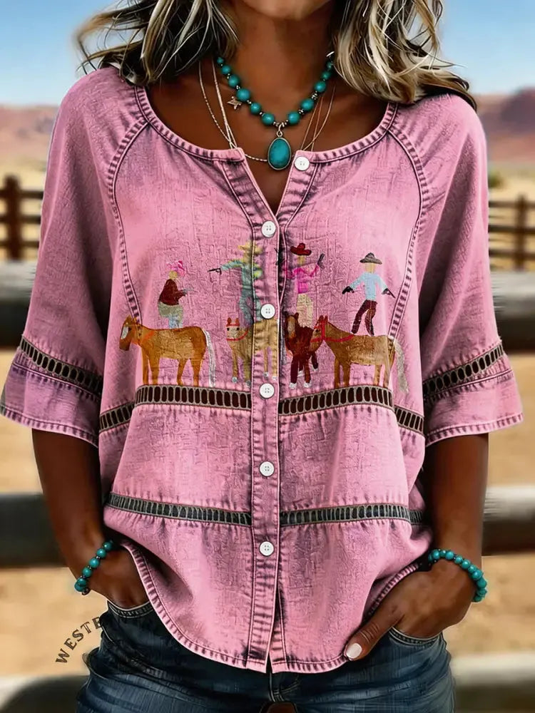 Women's Retro Cowboy Casual Hollow-out Denim Shirt