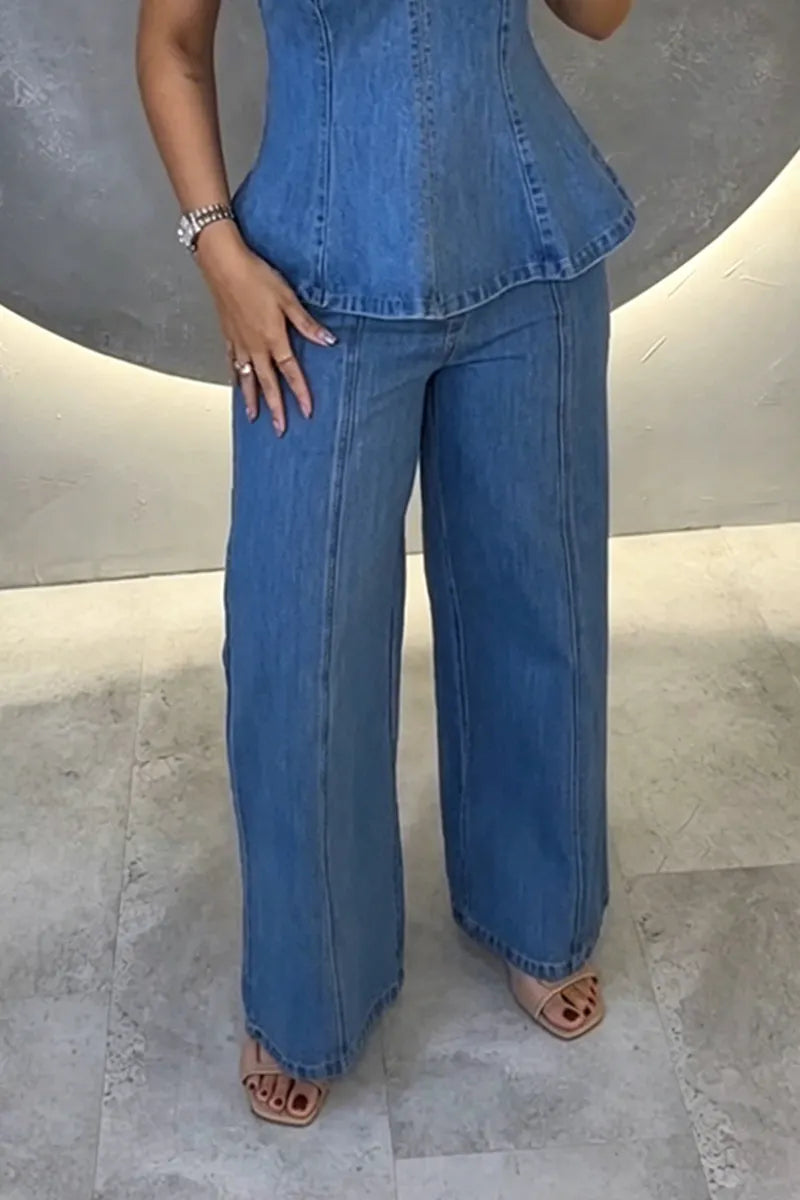 Women's Fashion V-Neck Fitted Denim Vest & Jeans