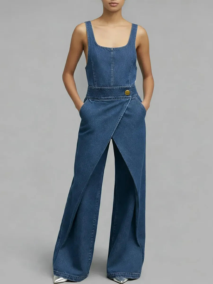 Women's Square-neck Sleeveless Loose-fitting Denim Wide-leg Jumpsuit