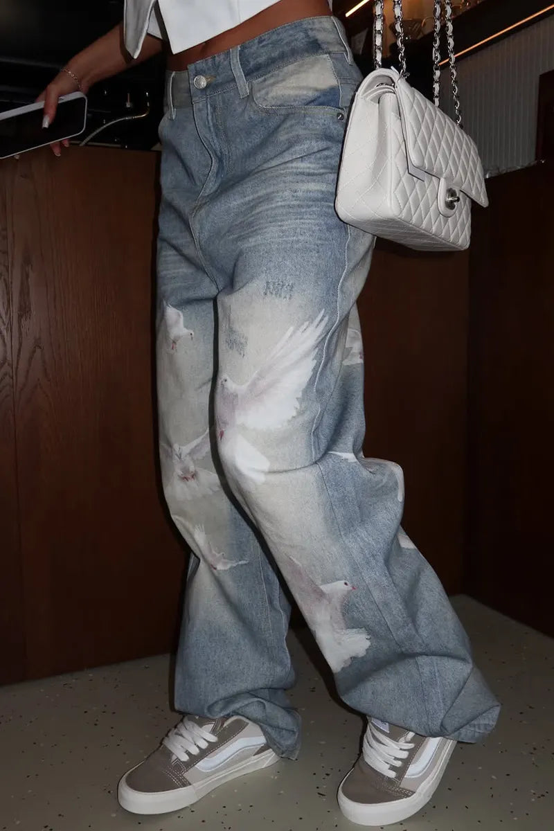 Women Washed White Dove Print Scratch Casual Denim Wide Leg Pants