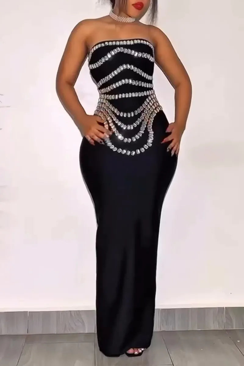 Women Strapless Diamond Studded Slimming and Elegant Temperament Evening Party Style Dress