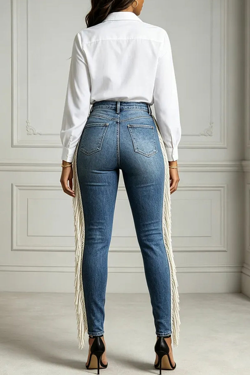 Women's Fashion Washed Distressed Side Fringe Skinny Jeans