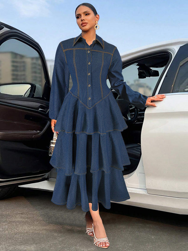 Elegant Lapel Long Sleeve Tiered Hem Denim Dress