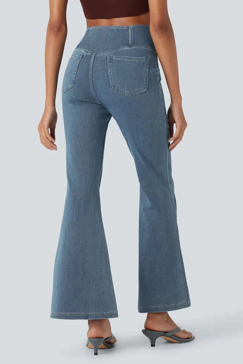 Women's High Waist Cross Over Flared Jeans With Elegant Draping