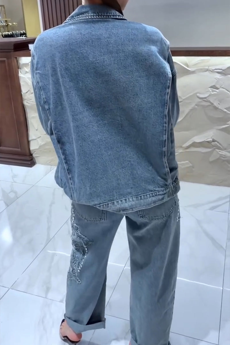 Women's Casual Embroidery Rhinestone Decoration Denim Jacket or Jeans