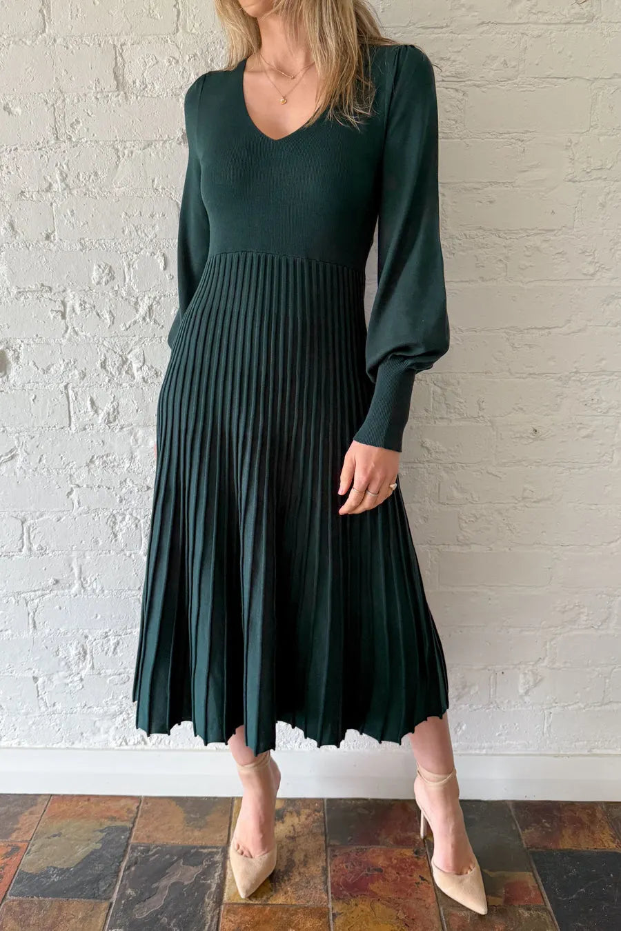 Ladies U-neck Patchwork Pleated Elegant Casual Dress