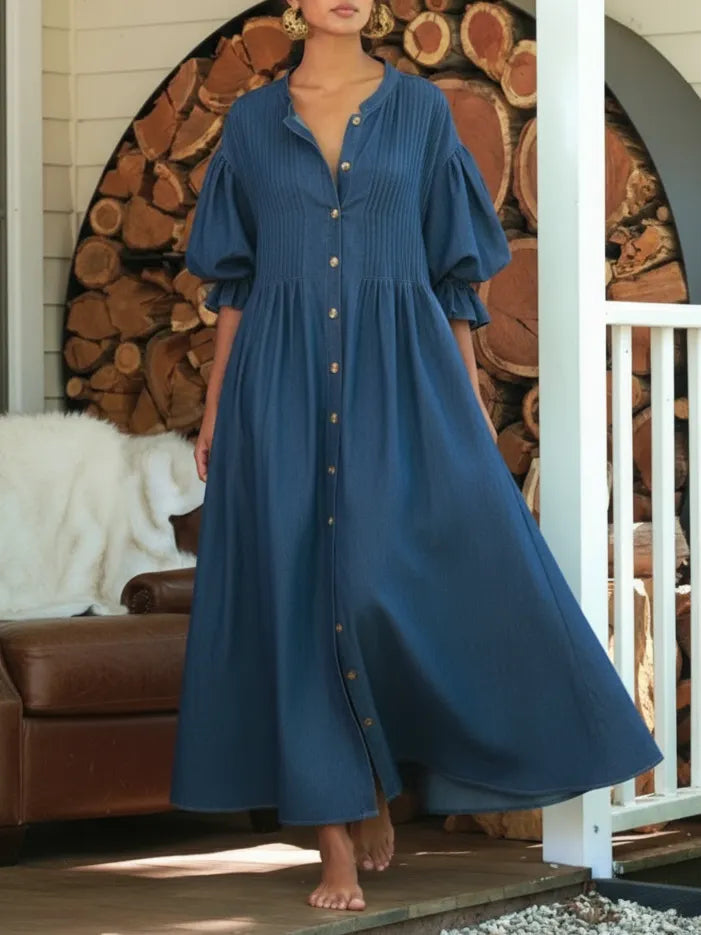 Retro V-neck pleated denim dress with puff sleeves