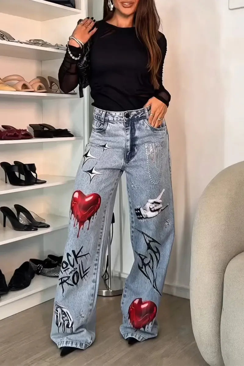 Women's Fashion Pattern Print Wide Leg Jeans