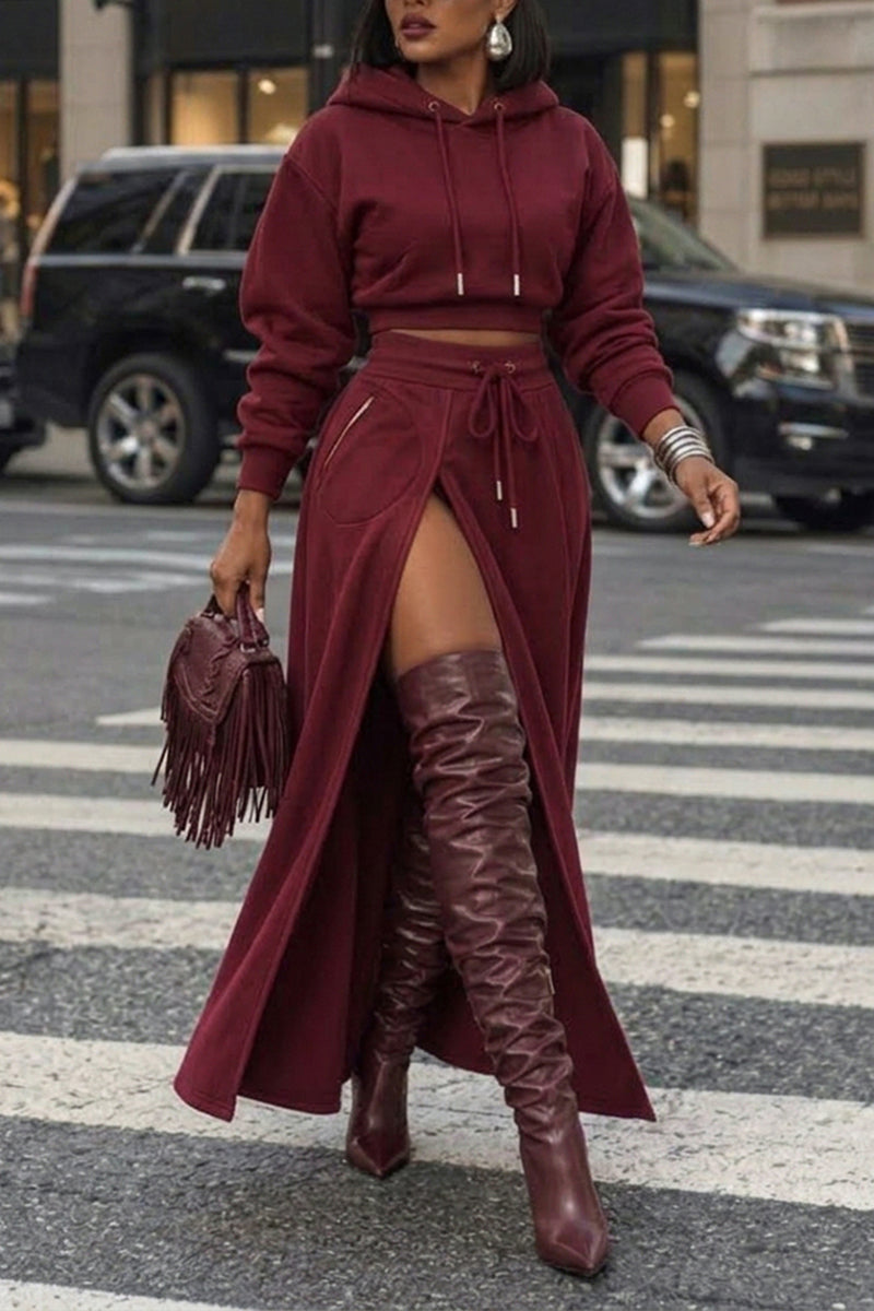 Women's Casual Hoodie Slit Skirt Two-Piece Set