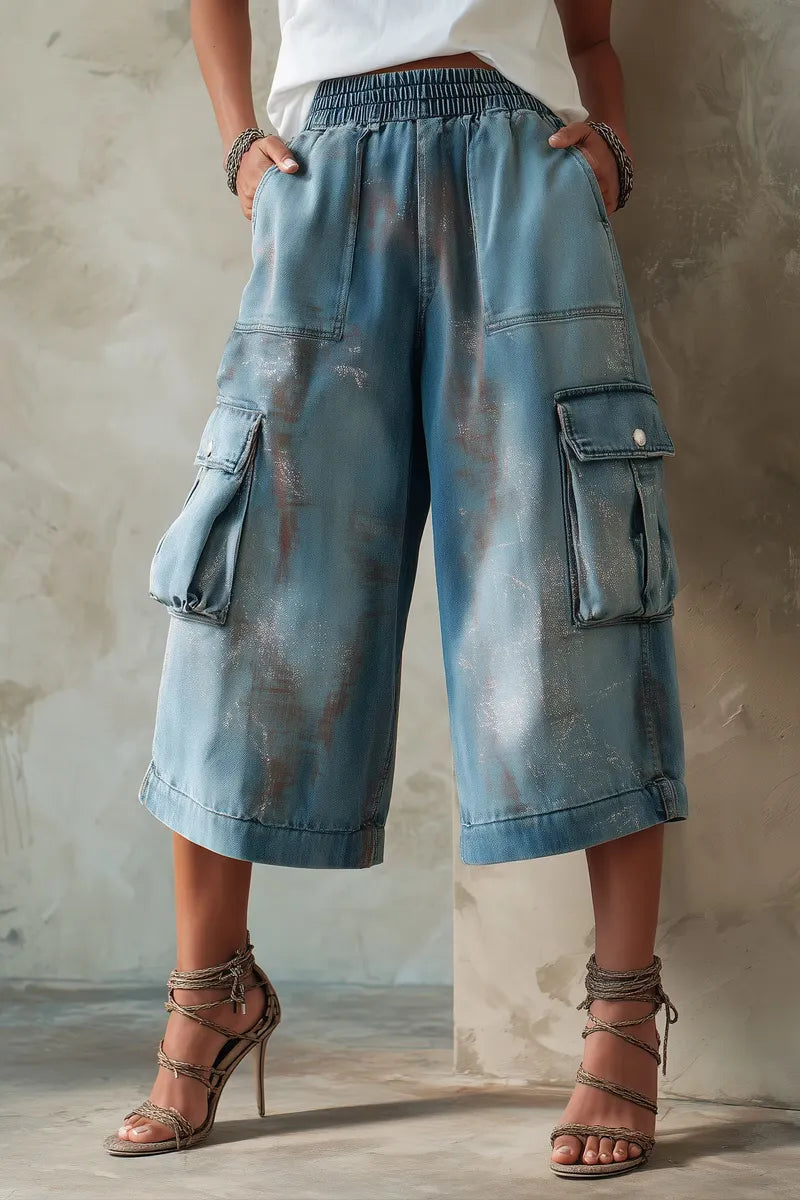 Ladies' Fashionable Casual Metal Faded Work Pants With Partial Silver Plating Process Jeans