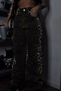 Women's Fashion Animal Print Shiny Rhinestone Wide Leg Jeans