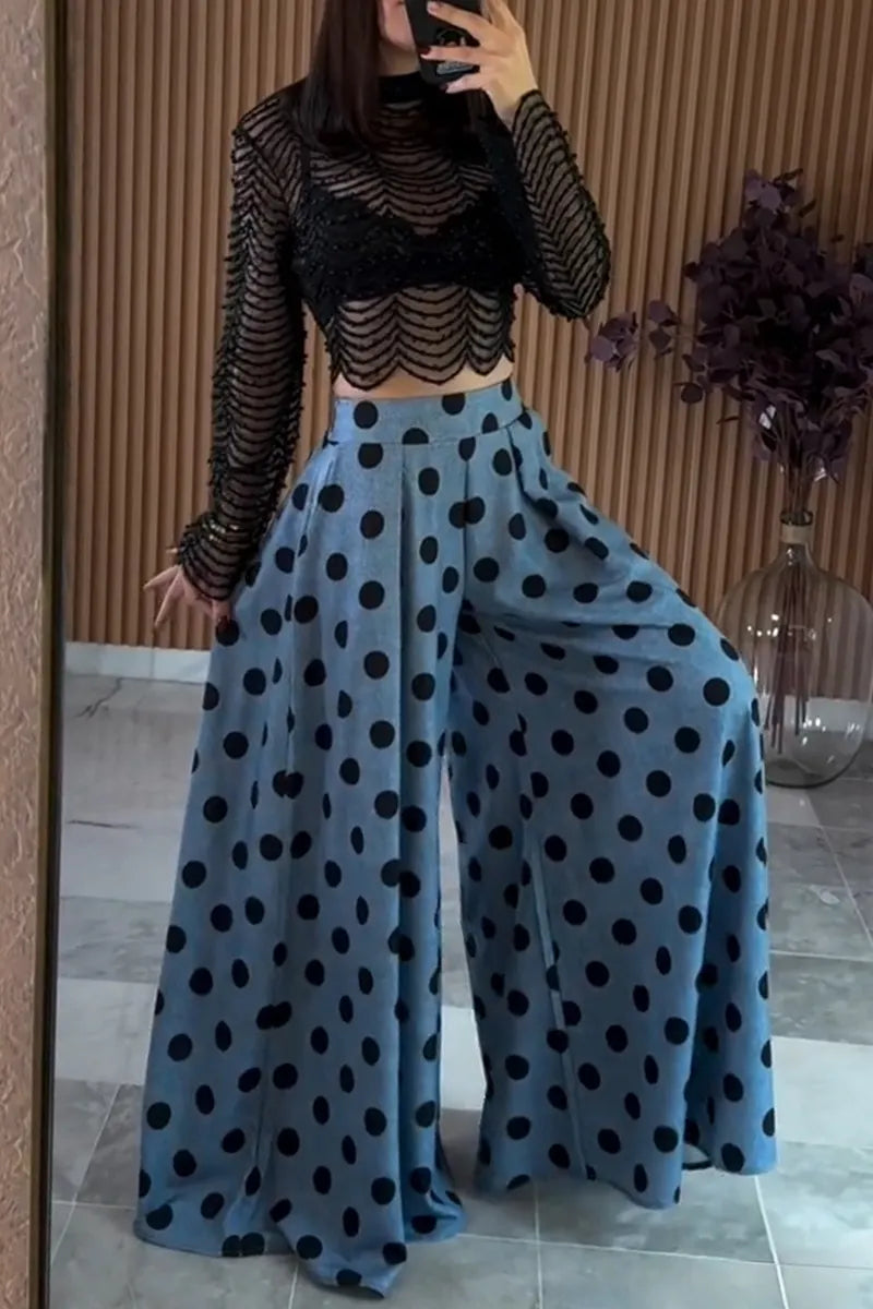 Women's Fashion Wide Leg Loose Polka Dot High Waist Pants