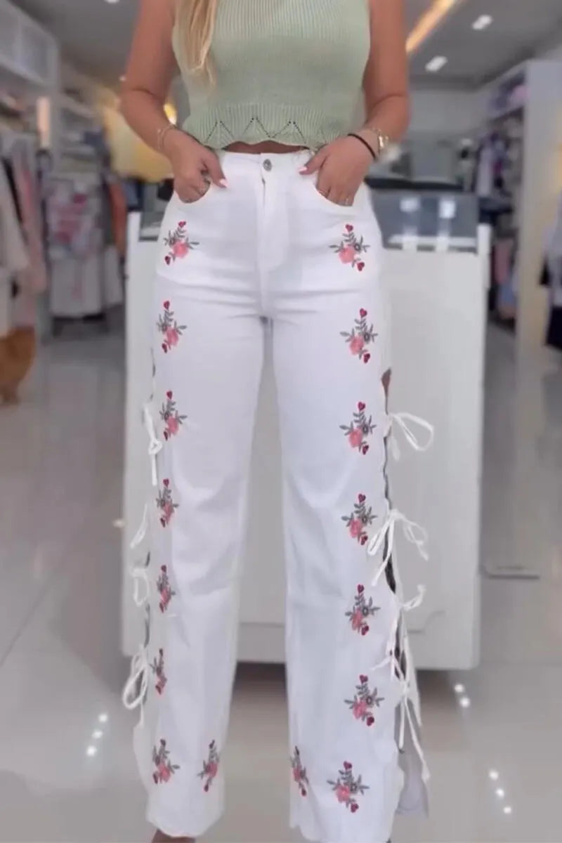 Women High Waisted Embroidered Side Hollow Strap Casual Wide Leg Jeans