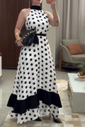 Women's Halter-Neck Cinched Waist Polka Dot Print Elegant Temperament Dress