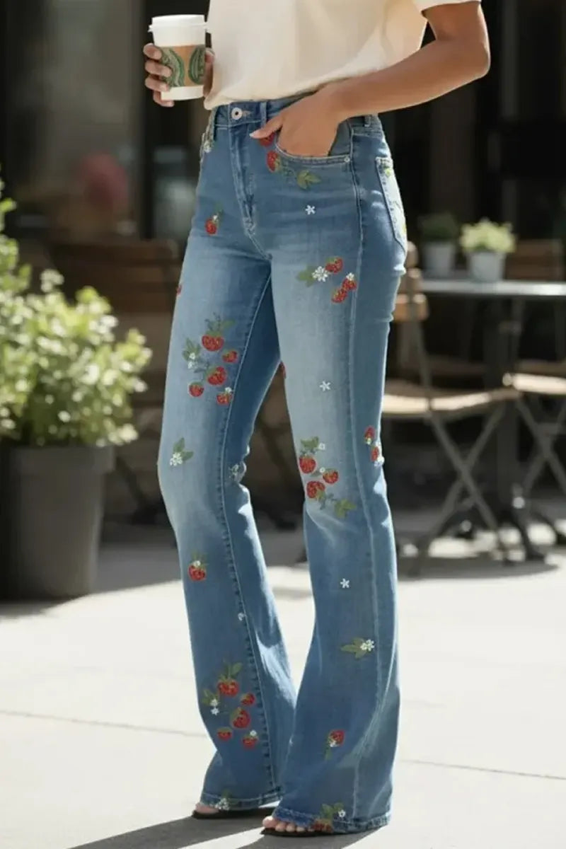 Ladies' Hot Selling Casual Spring And Summer Washed Strawberry Embroidered Jeans
