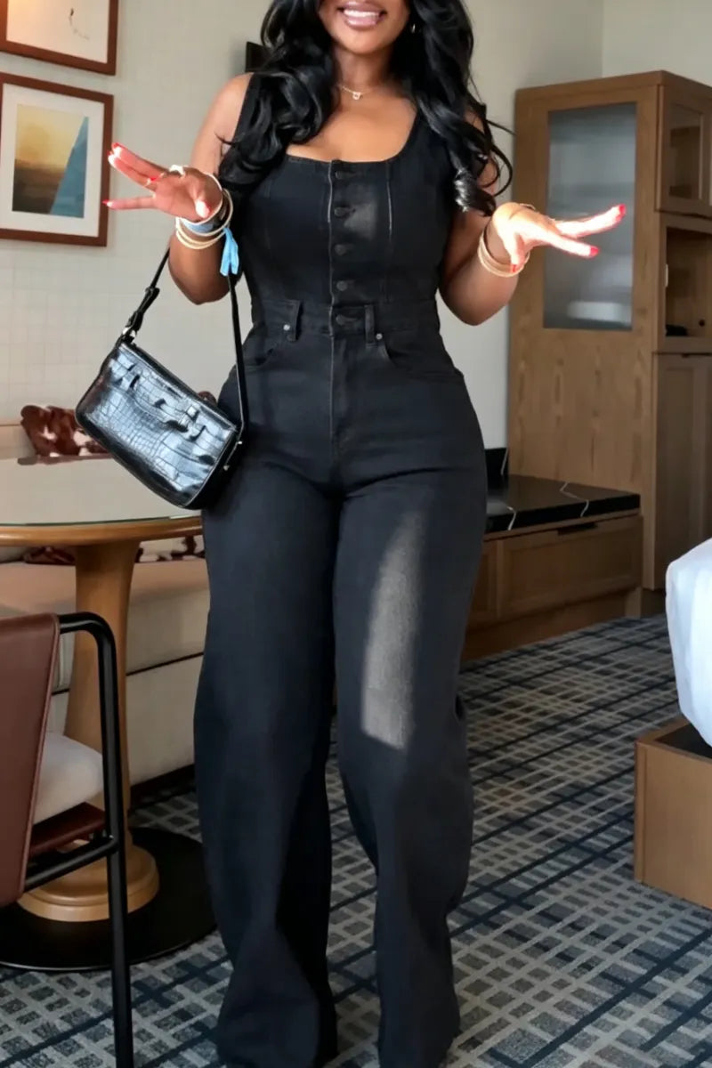 Women's U-neck Patchwork Waist Cinched Casual Denim Jumpsuit