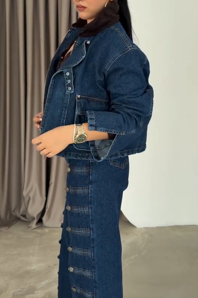 Women's Fashion Stand Collar Denim Jacket or Button Decoration Jeans