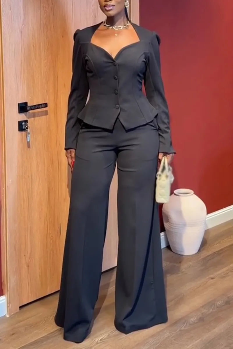 Women's Square Collar Waist Cinched Top+ Pants Casual Outfit with Temperament
