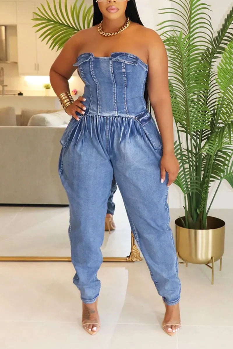 Women's Strapless Corset Balloon Leg Denim Jumpsuit