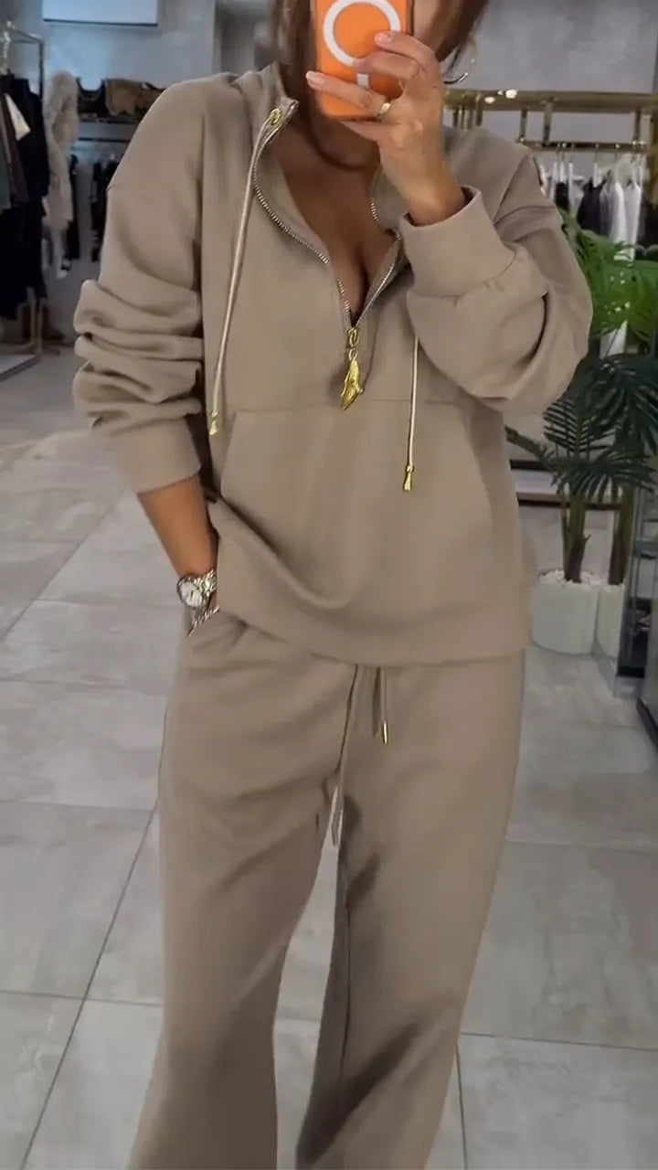 Women Round Neck Half Zipper Top+ Drawstring Pants Casual Set
