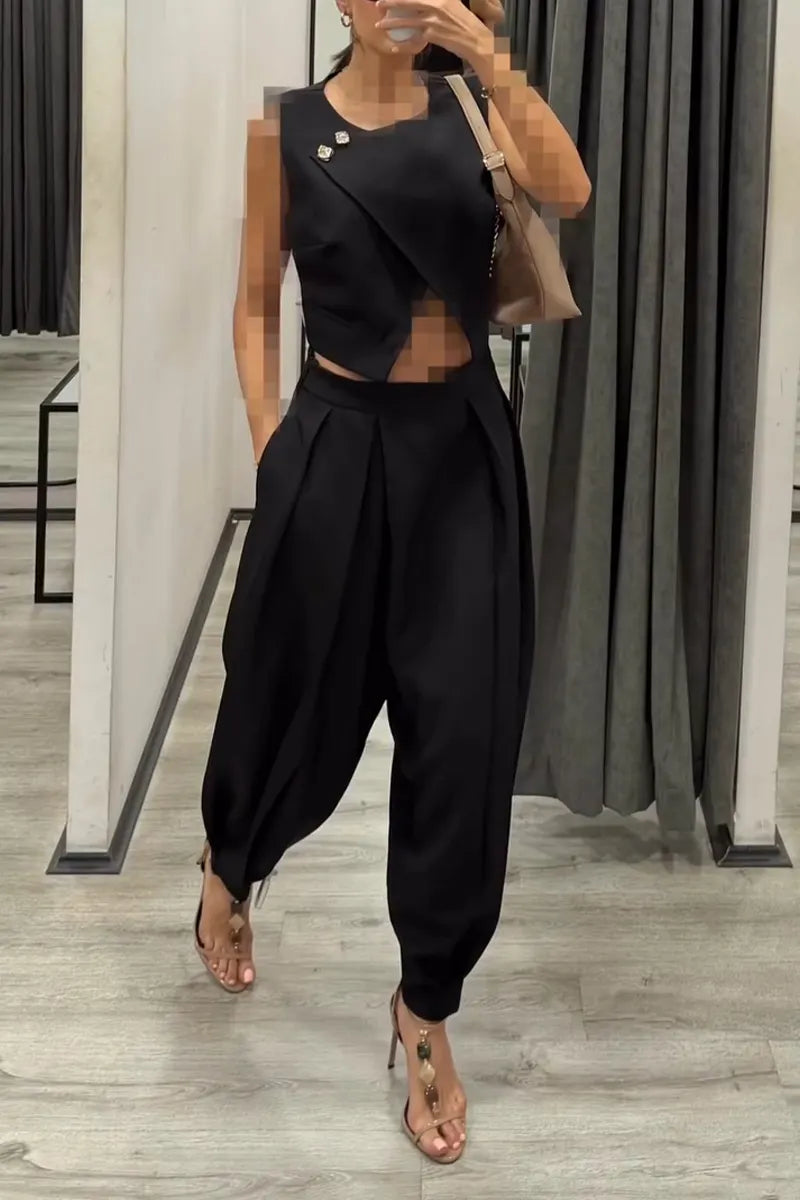 Women Round Neck Patchwork Sleeveless Top+ Pants Casual Suit