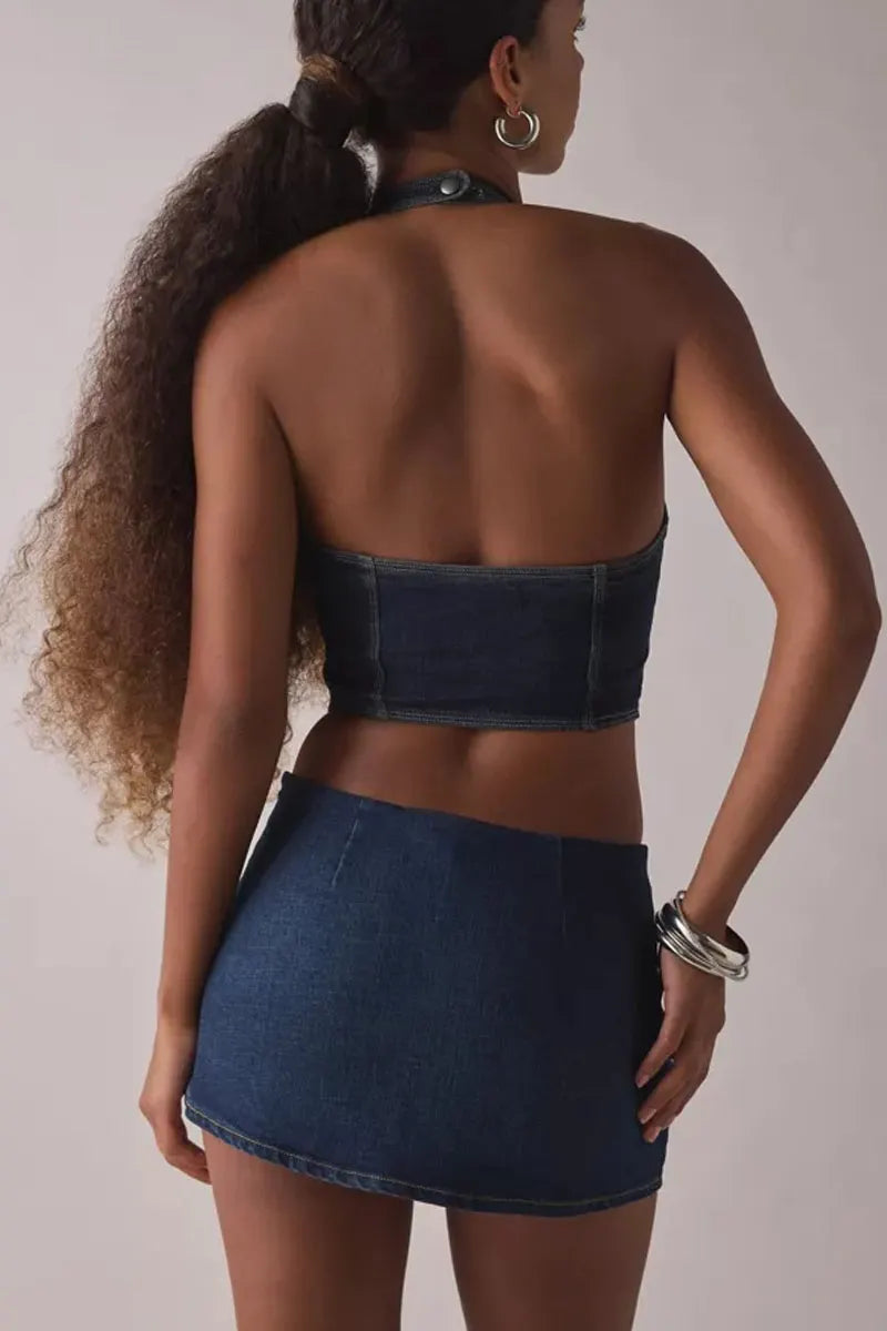 Ladies' Button-Down Halter Denim Vest & Low-Rise Mini Skirt