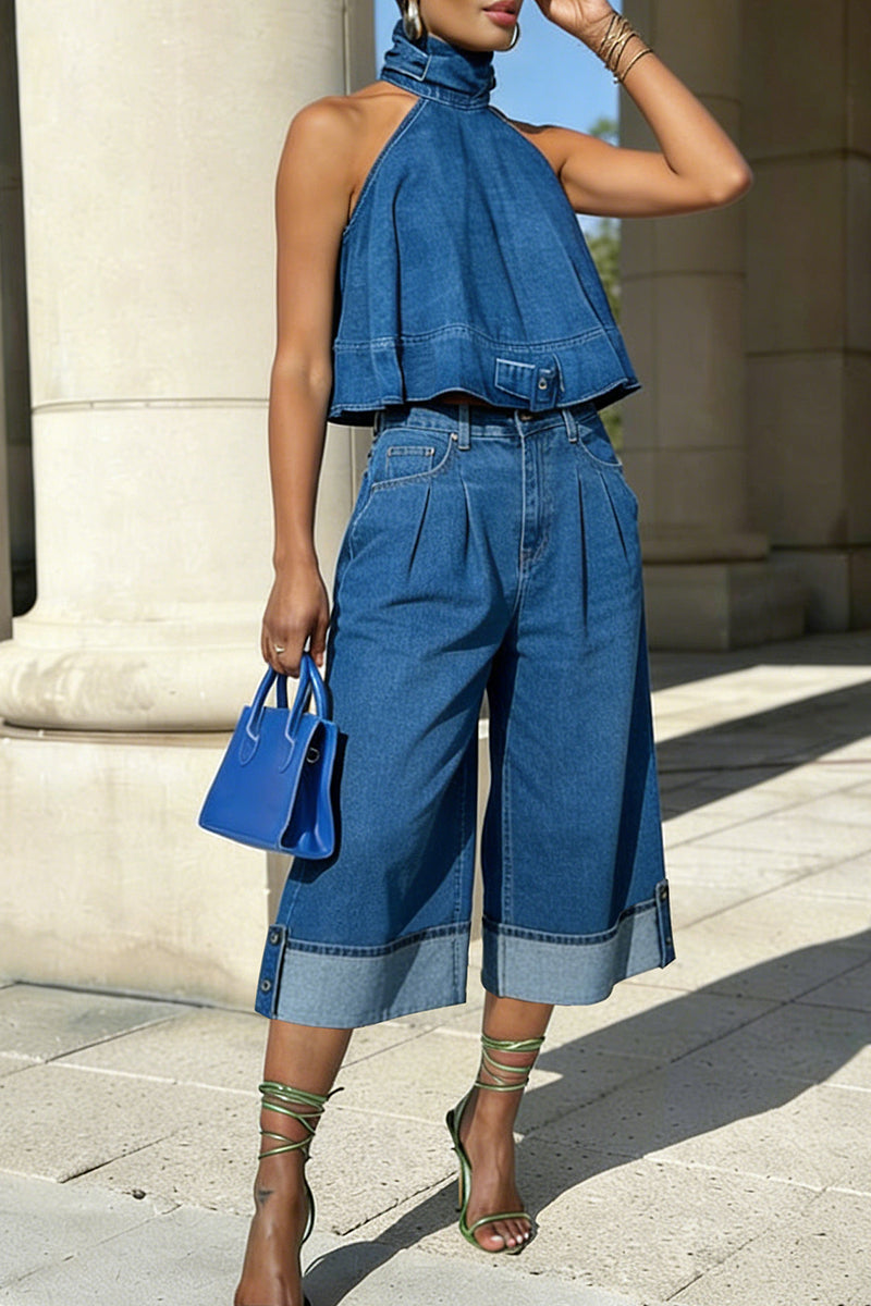 Women's Casual Ruched Halter Denim Top & Wide Leg Cropped Jeans