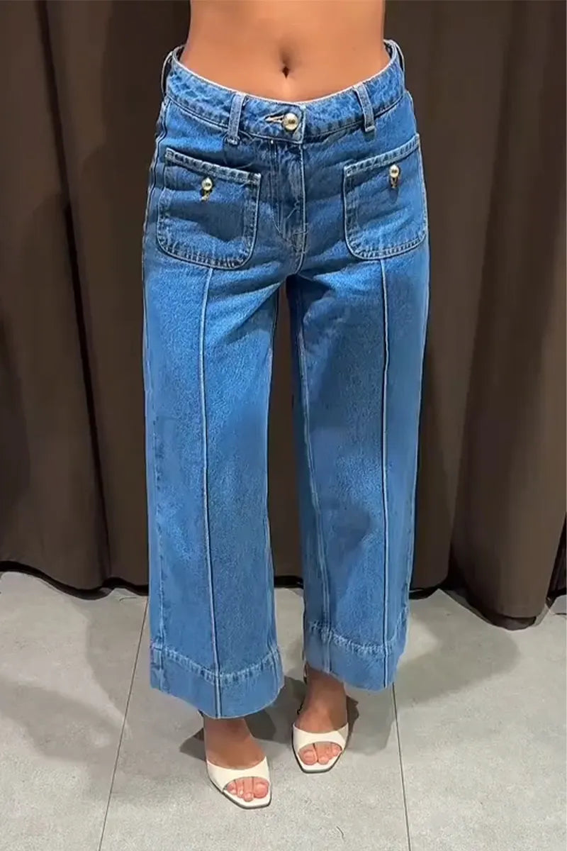 Women's Patchwork Pocket Casual Wide Leg Jeans