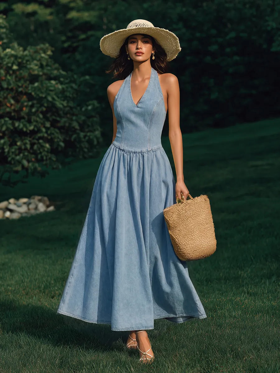 Elegant Vacation Sleeveless A-Line Denim Maxi Dress