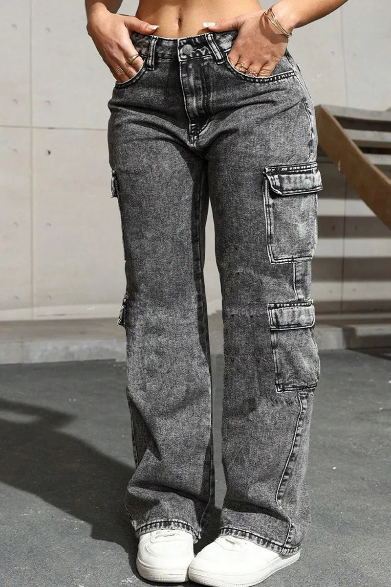 Women's Distressed Wash Multi-Pocket Cargo Jeans