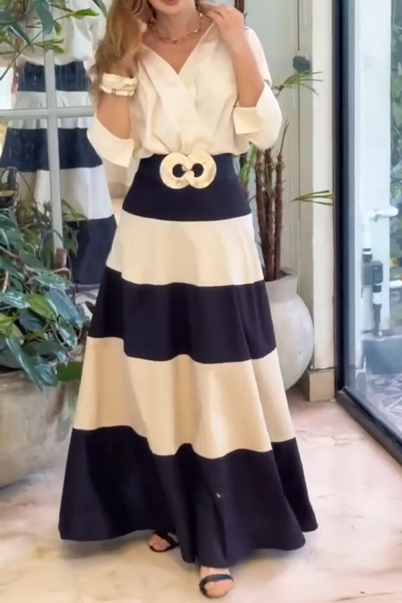 Women's Elegant Casual Collar Shirt or Contrasting Half Skirt