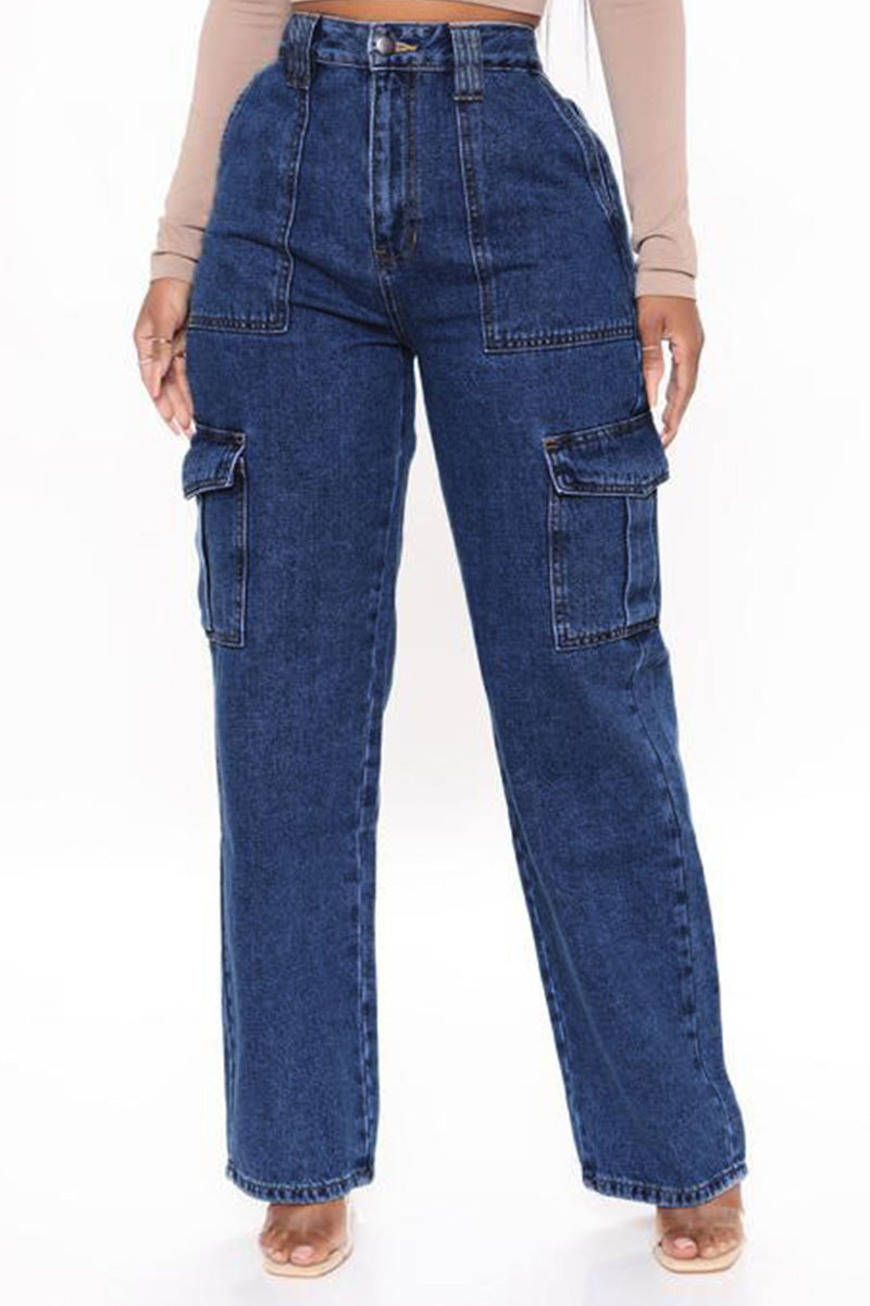 Women's Elastic Waist Wide-Leg Cargo Jeans With Multiple Pockets