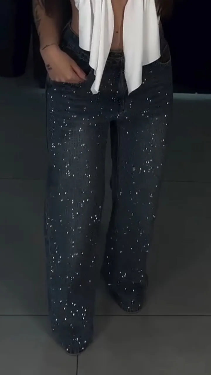 Womens Rhinestone Washed Casual Jeans