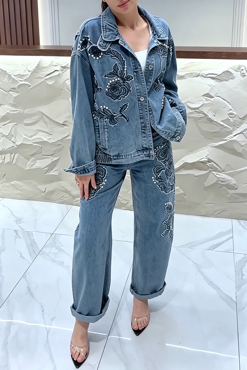 Women's Casual Embroidery Rhinestone Decoration Denim Jacket or Jeans