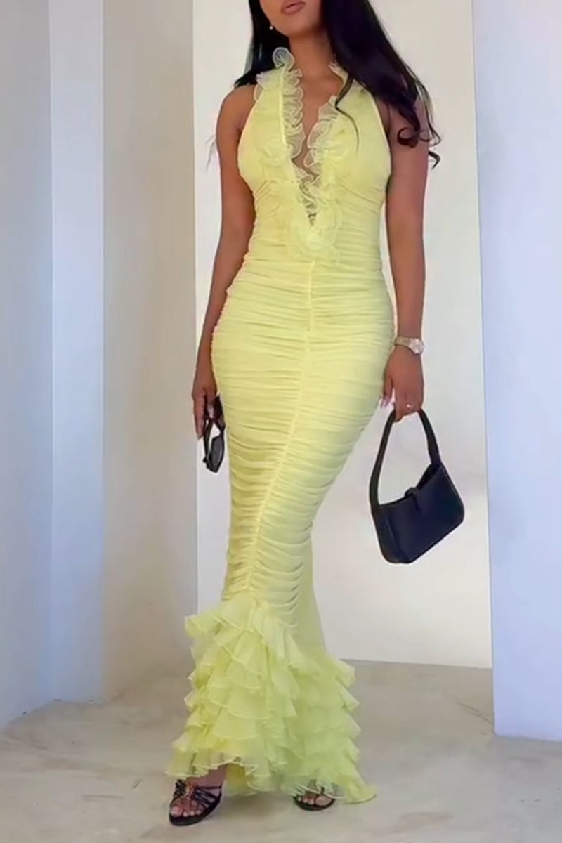 Women's Elegant Slim Pleated Ruffle Hem Maxi Dress