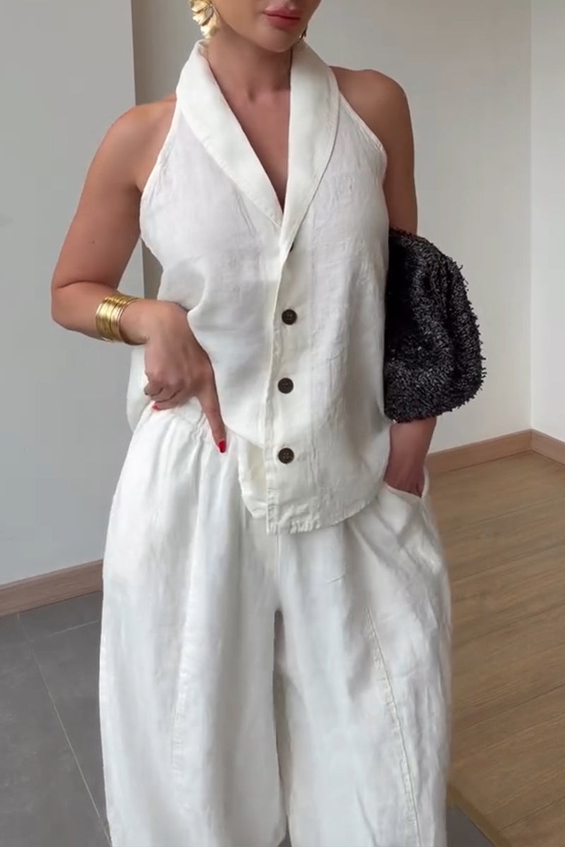 Women's Vacation Fashion Button Vest Loose Pants Two-Piece Set
