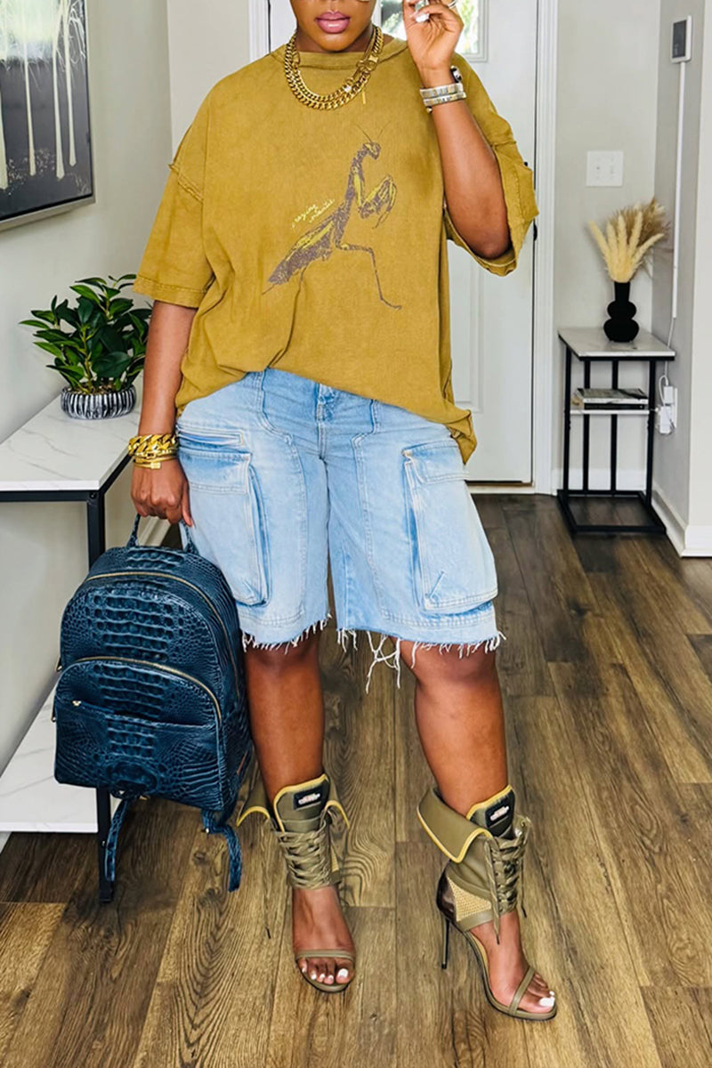Women's Casual Washed Raw-Hem Cargo Cropped Jean