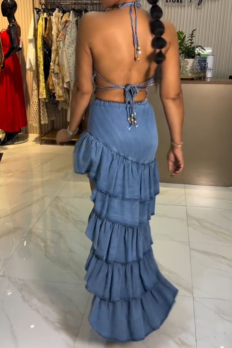 Women's Casual Tiered Hem Asymmetric Denim Maxi Dress