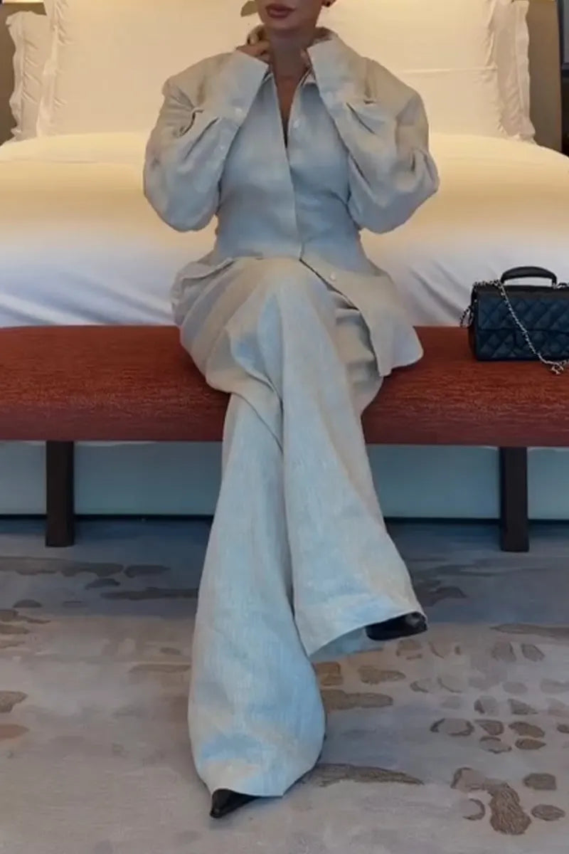 Women's Collar Back Strap Shirt+ Pants Casual Linen Set