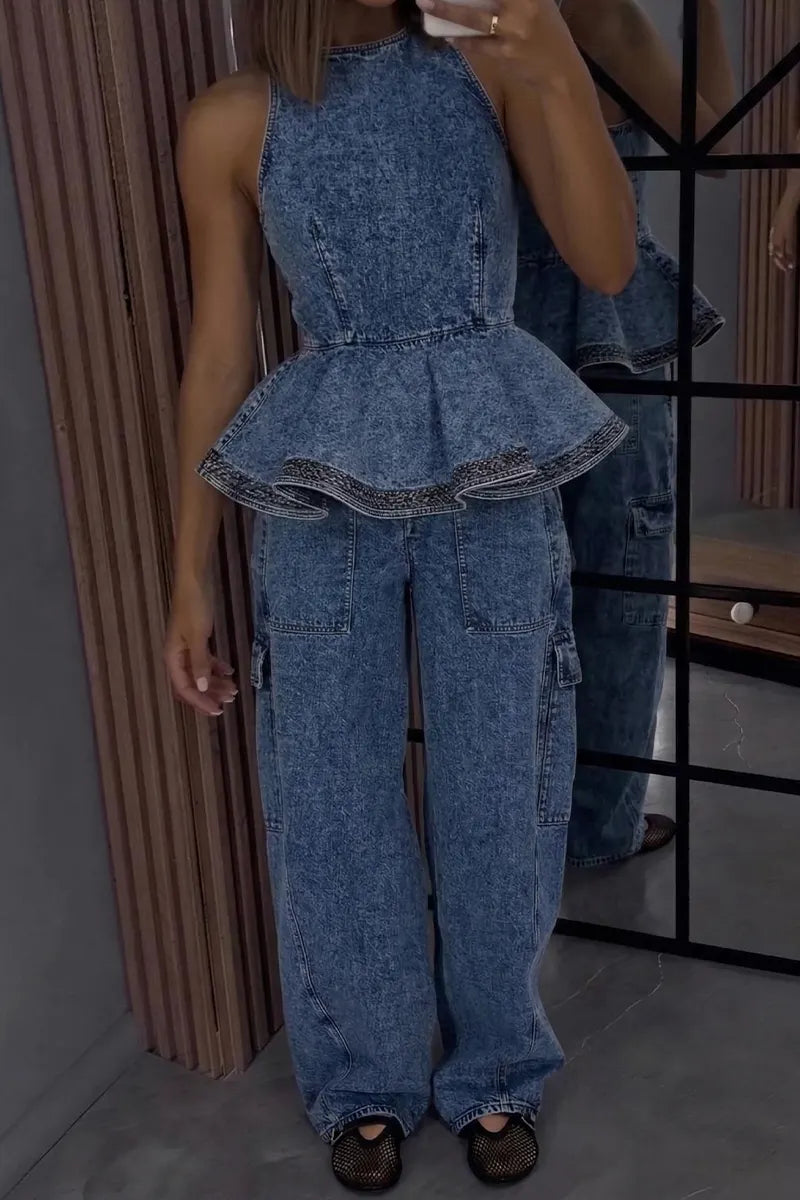 Ladies' Casual Denim Ruffled Top And Workwear Jeans