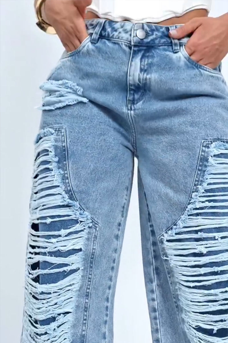 Women's Fashion Wash Ripped Decoration Wide Leg Jeans