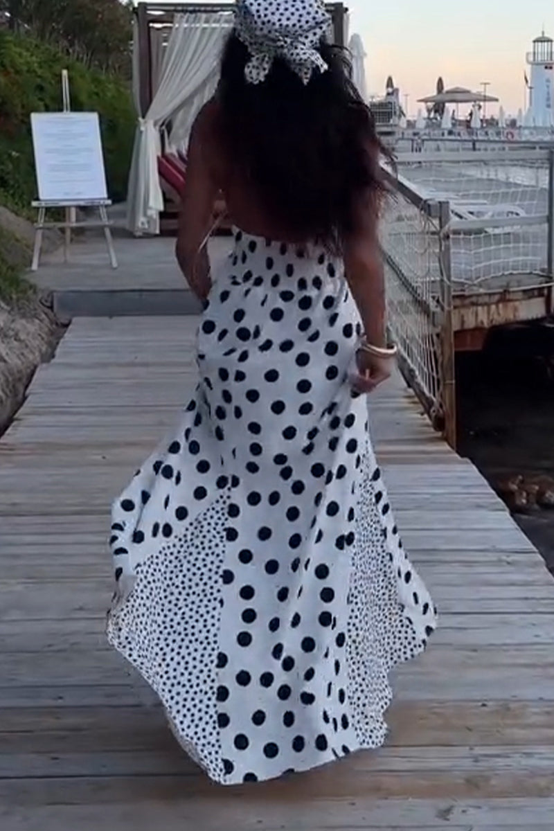 Women's Fashion Polka Dot Patchwork Hem Maxi Dress