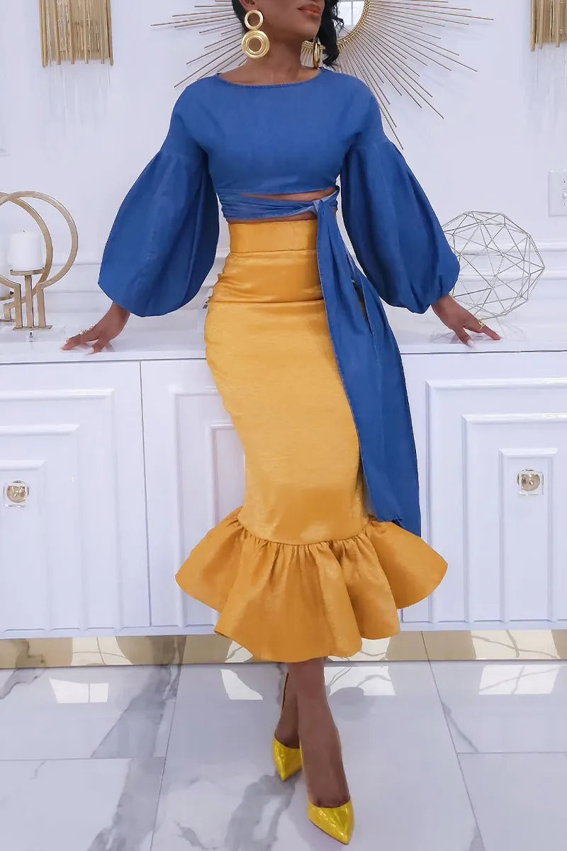 Women's Elegant Puff Sleeve Denim Top or Pencil Mermaid Skirt