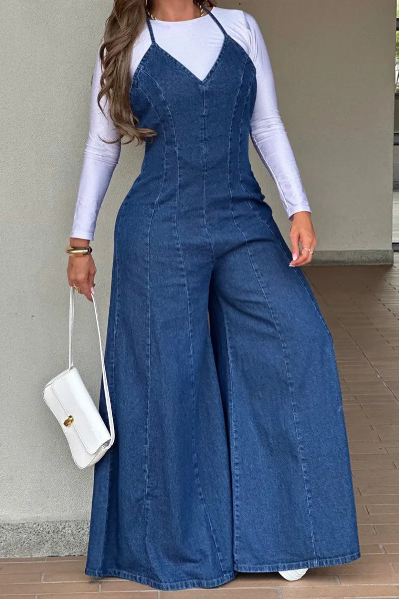 Women's Casual Strappy Wide Leg Denim Jumpsuit