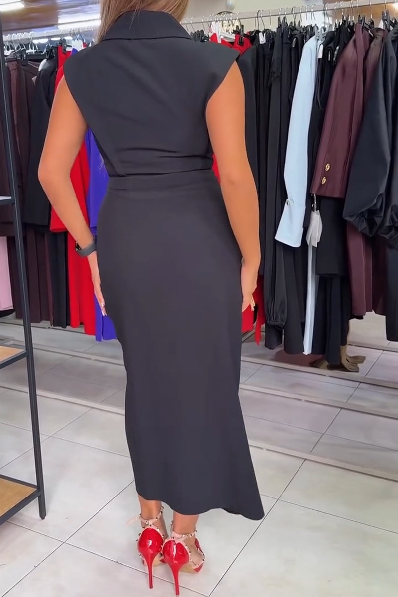 Women's Collar Waist and Slit Temperament Commuting Dress