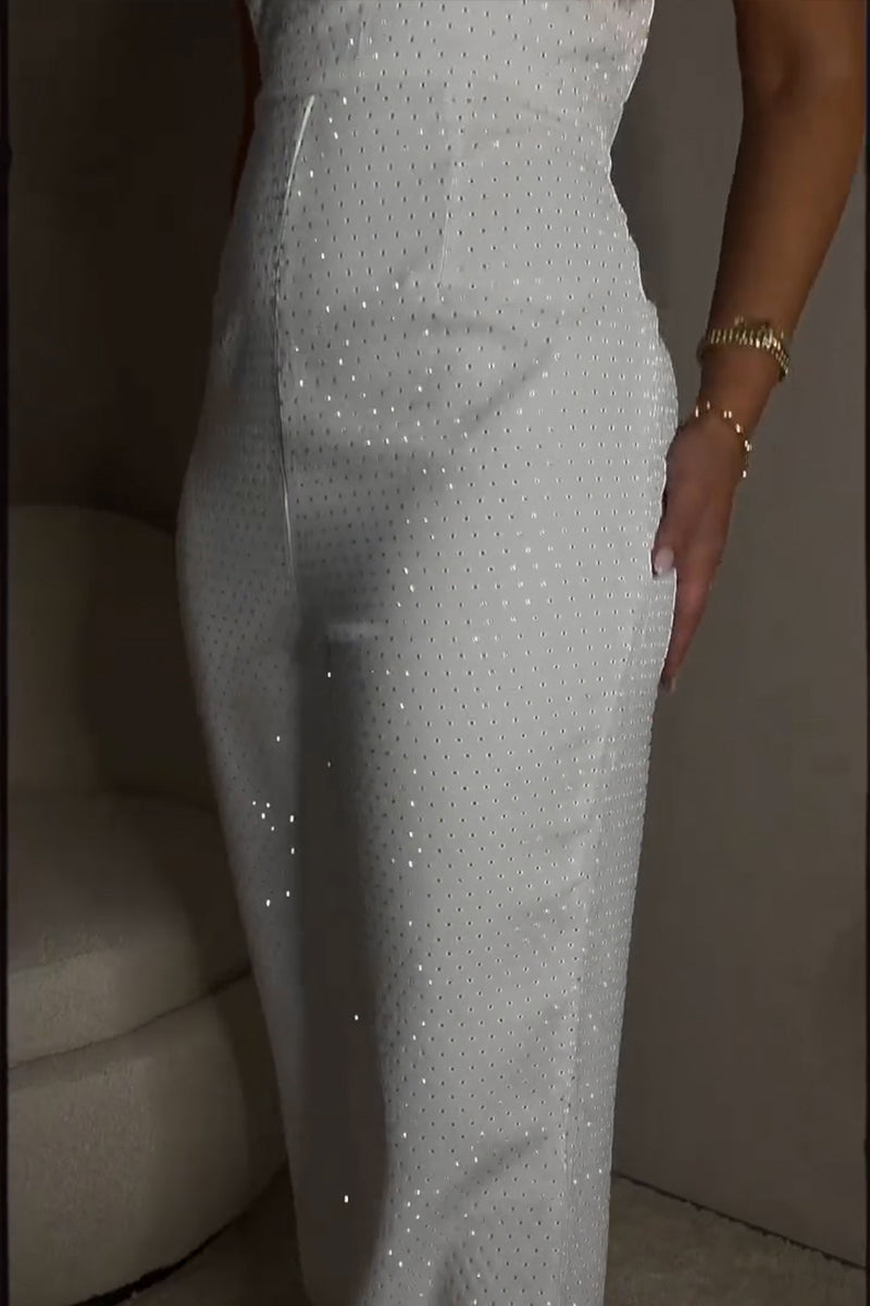 Women's Fashion Shiny Rhinestone Strapless Wide Leg Jumpsuit
