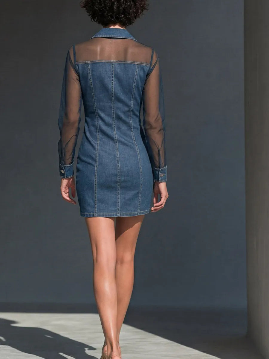 Women's Casual Loose Denim-paneled Dress With Lapel Collar And Long Sleeves