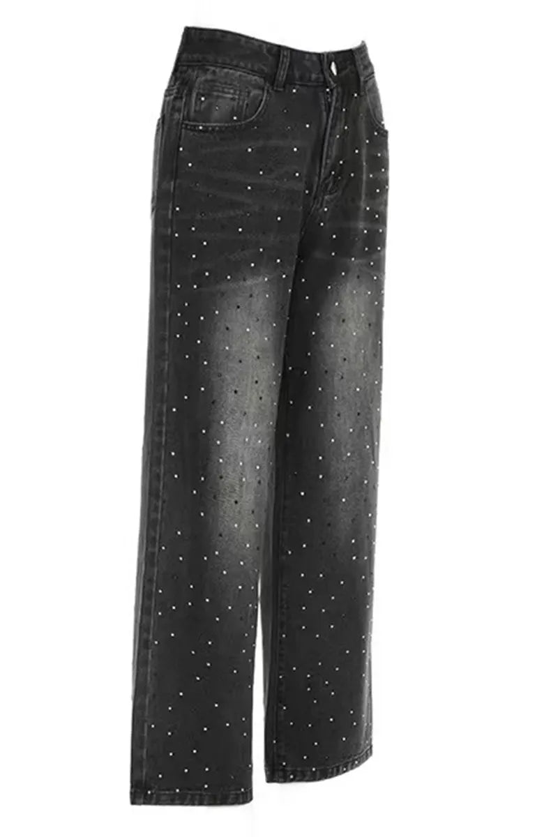 Vintage Hotfix Rhinestone Distressed Low Rise Wide Leg Jeans